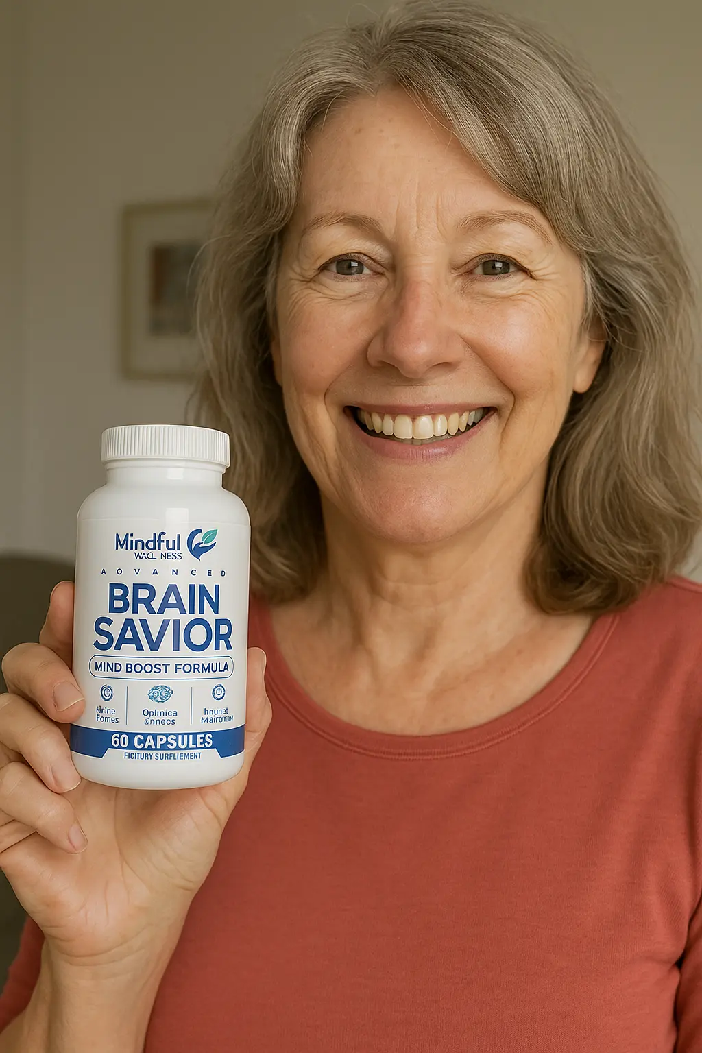 Brain Savior supplement bottle with ingredients label and testimonial backdrop