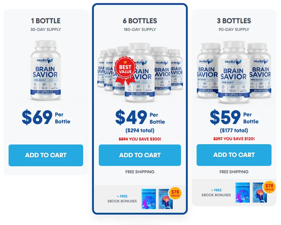Brain Savior pricing table — 1 bottle $69, 3 bottles $49 each, 6 bottles $39 each